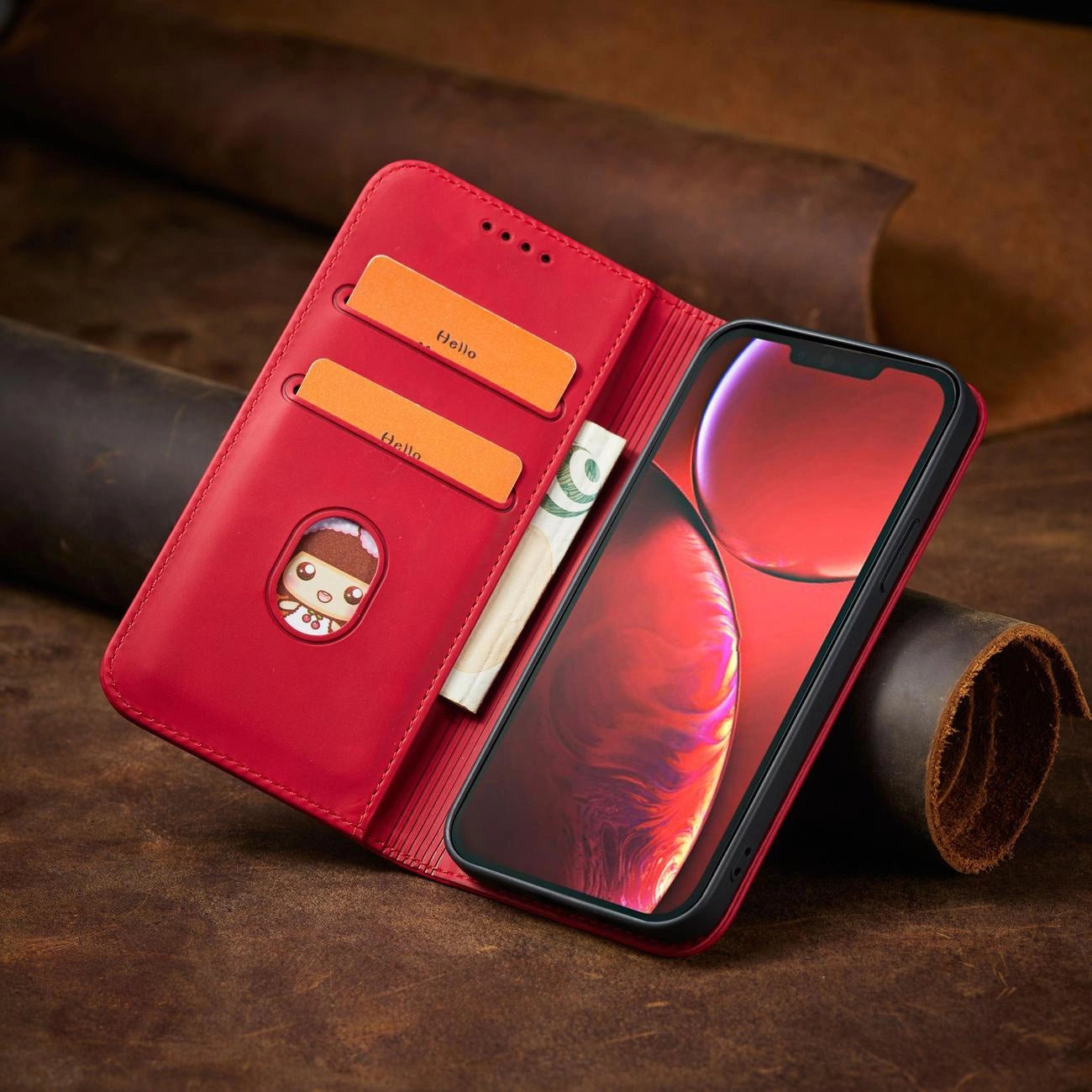 Magnet Fancy Case Hülle für iPhone 14 Pro Flip Cover Wallet Ständer rot