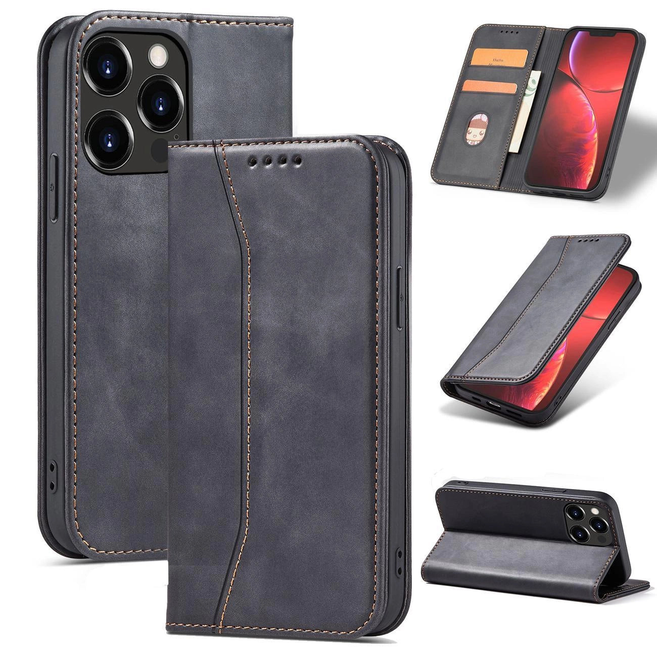 Magnet Fancy Case Hülle für iPhone 14 Pro Flip Cover Wallet Ständer schwarz