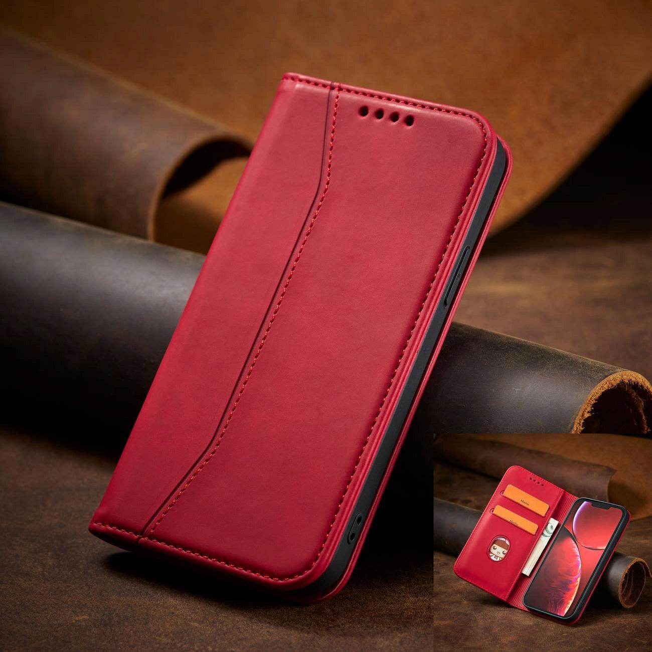 Magnet Fancy Case Hülle für iPhone 14 Pro Max Flip Cover Wallet Ständer rot