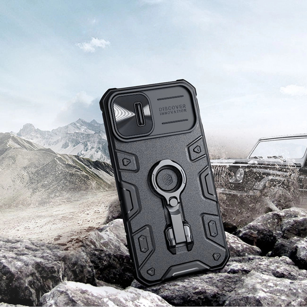 Nillkin CamShield Armor Pro Case iPhone 14 Plus Hülle gepanzerte Abdeckung mit Kameraabdeckung Ringständer schwarz