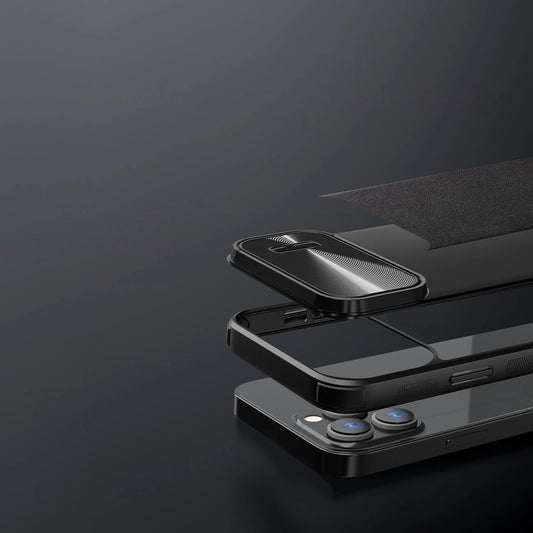 Nillkin CamShield Leather S Case iPhone 14 Pro Max Hülle mit Kameraabdeckung schwarz