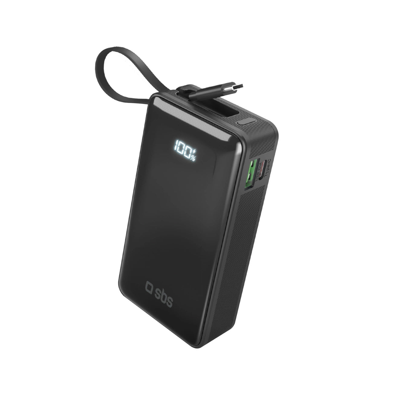 Powerbank SBS 10000 mAh 20W mit integriertem USB-C-Kabel und Digitalanzeige - schwarz