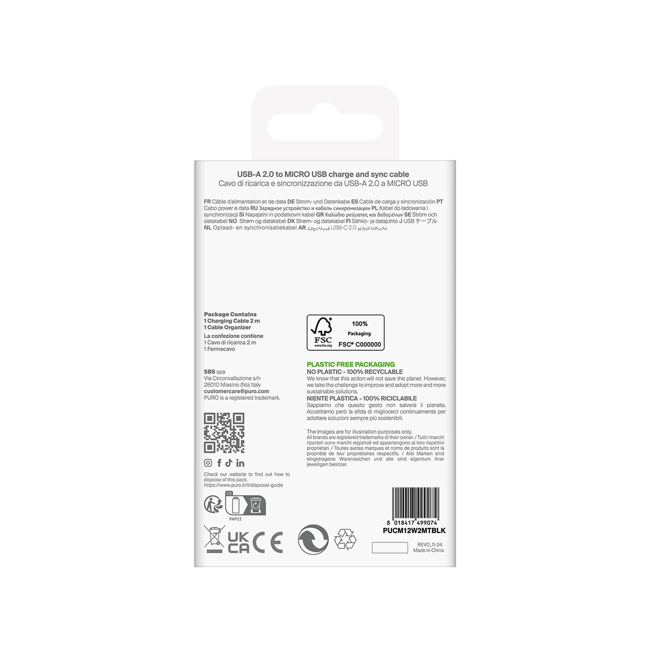 Puro 12W TPE USB-A - microUSB 2m Kabel - Schwarz