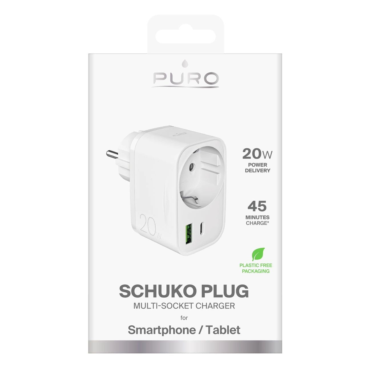 Puro 20W Power Delivery Ladegerät mit Schuko Stecker und Buchse 1x USB-C + 1x USB-A - Weiß