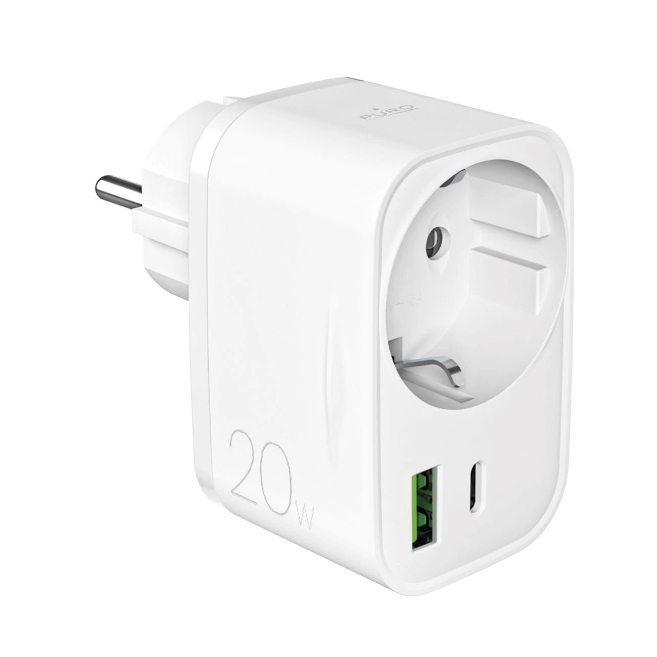 Puro 20W Power Delivery Ladegerät mit Schuko Stecker und Buchse 1x USB-C + 1x USB-A - Weiß
