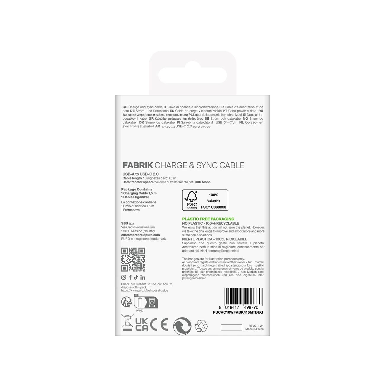 Puro Fabrik 10W Geflochtenes Kabel USB-A - USB-C 1,5m - Beige