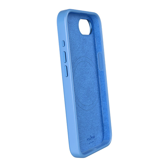 Puro Liquid Silicon Cover „ICON MAG PRO“ mit Magsafe, Metalltasten und Kameraring für iPhone 16E, blau