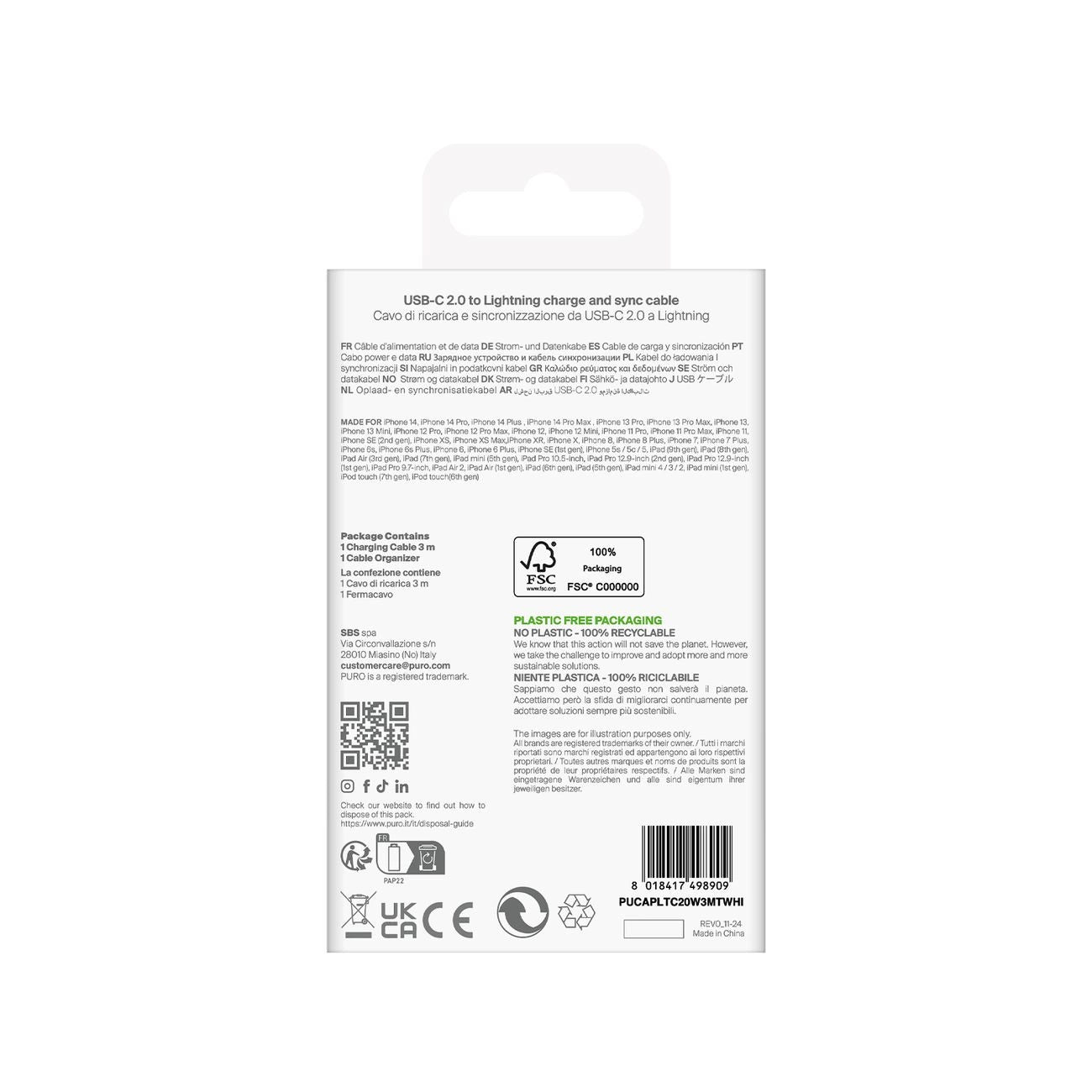 Puro TPE 20W USB-C - Lightning Kabel 3m - Weiß