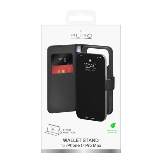 Puro Wallet Stand Case für iPhone 17 Pro Max aus Öko-Leder, mit Klappe, Geldbörse und Standfunktion - Schwarz