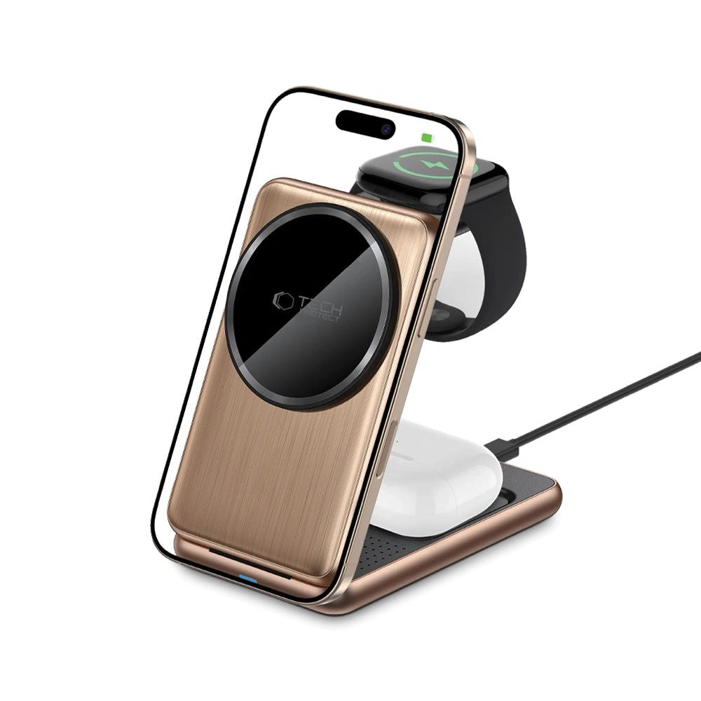 QI15W-A42 3in1 induktives Ladegerät mit MagSafe für Apple-Geräte – Gold