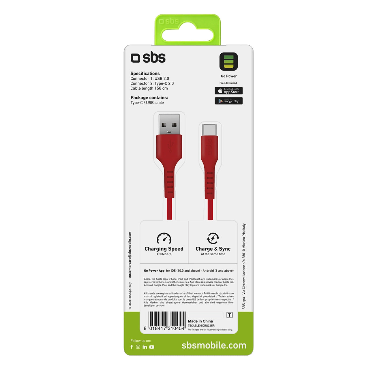 SBS TECABLEMICROC15R USB-A - USB-C-Kabel 1,5 m - rot