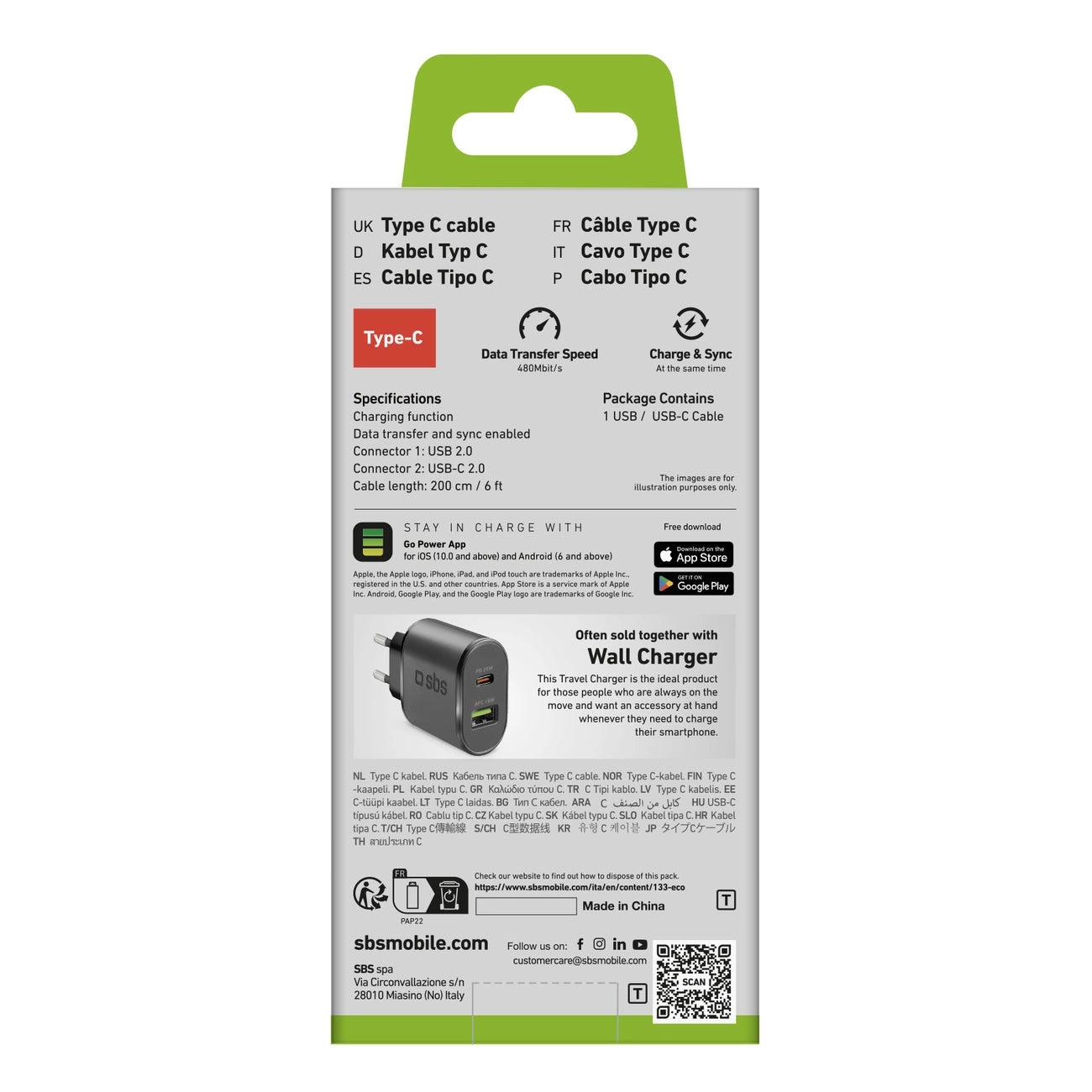 SBS TECABLETC220K USB-A - USB-C-Kabel 2 m - Schwarz