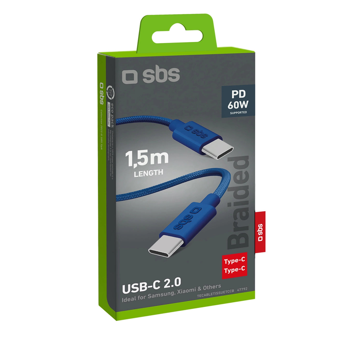 SBS TECABLETISSUETCB USB-C – USB-C-Kabel 1,5 m 60 W geflochten – blau