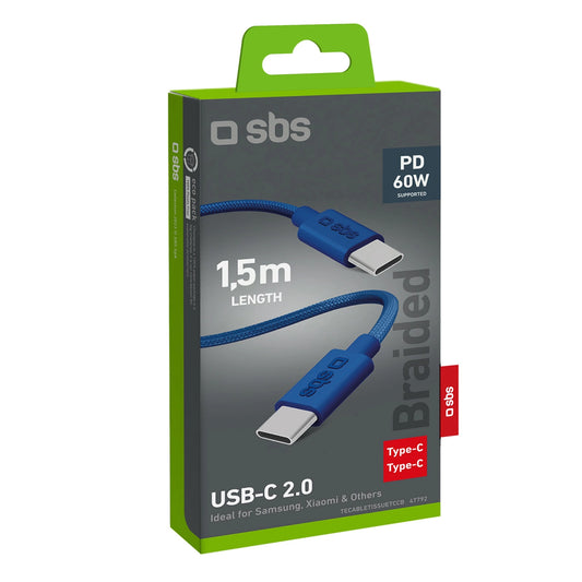 SBS TECABLETISSUETCB USB-C – USB-C-Kabel 1,5 m 60 W geflochten – blau