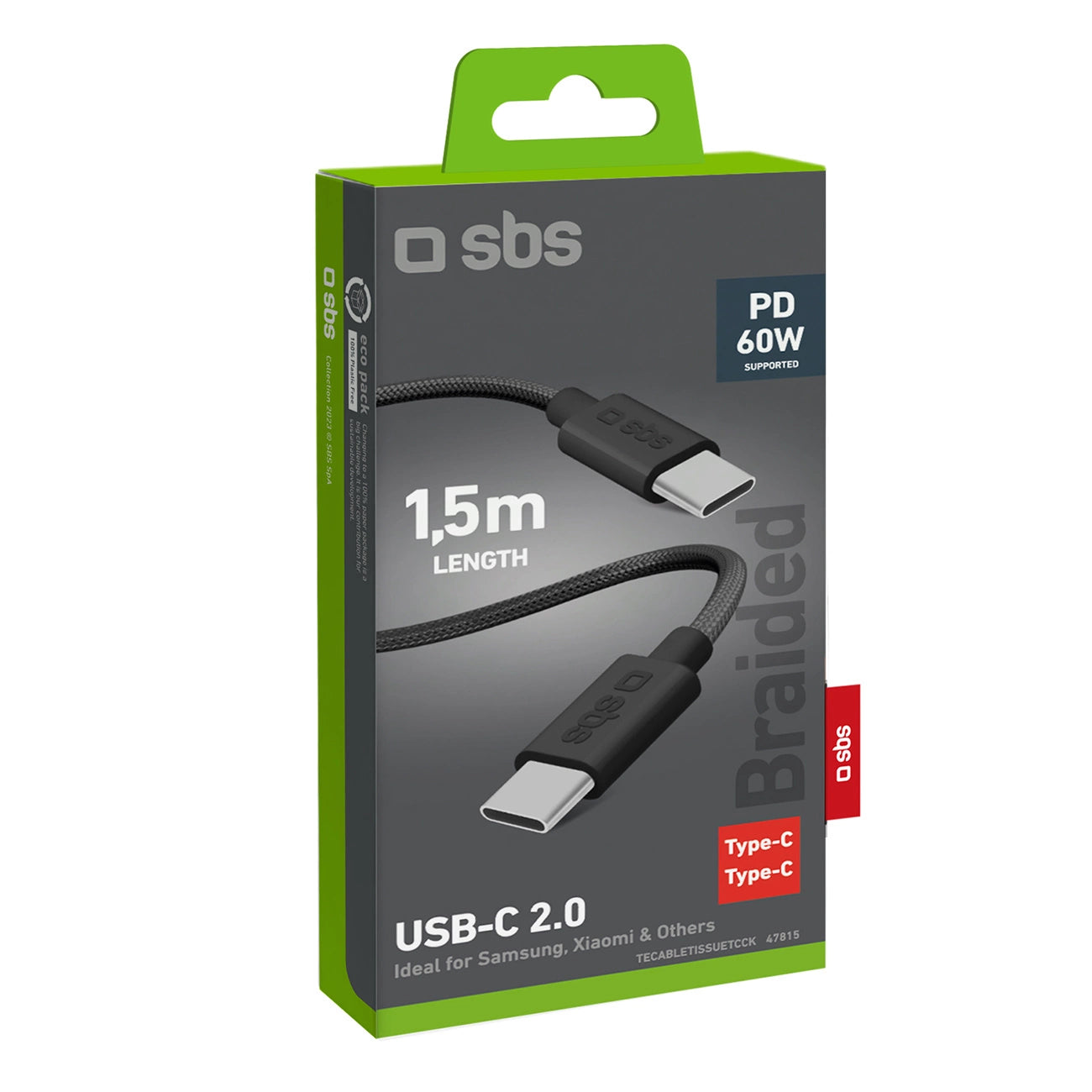 SBS TECABLETISSUETCK USB-C – USB-C-Kabel 1,5 m 60 W geflochten – Schwarz
