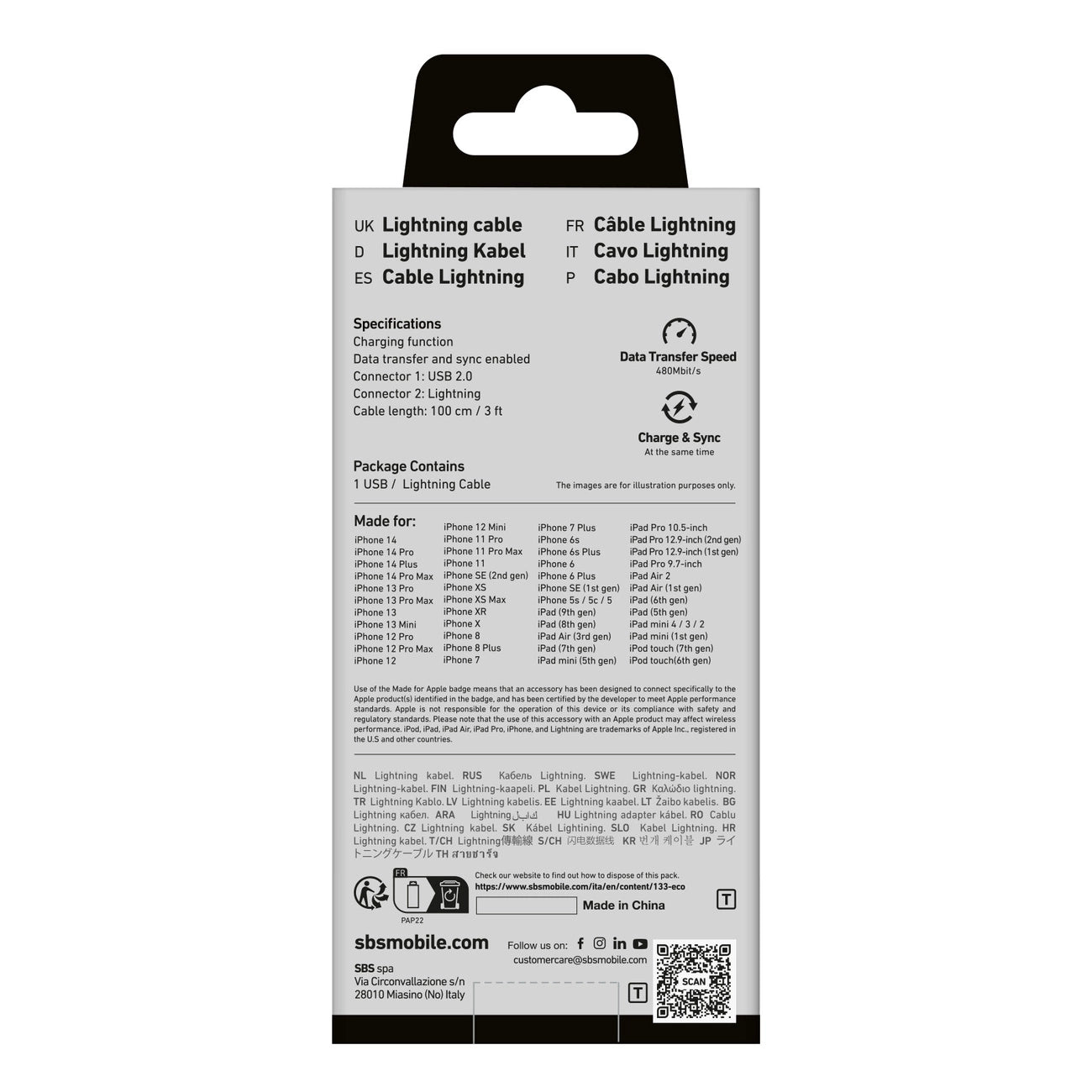 SBS TECABLEUSBIP589A USB-A – Lightning Kabel – blau