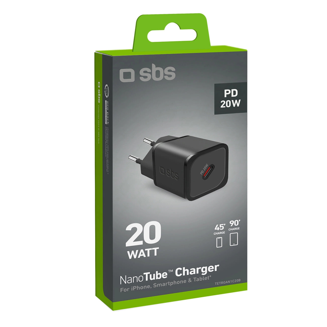SBS TETRGAN1C20K 20W GaN USB-C Wandladegerät mit Power Delivery – Schwarz
