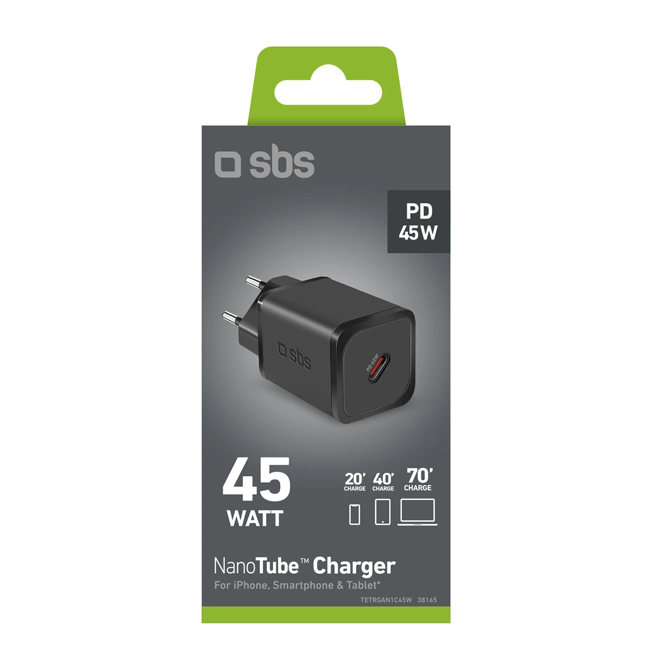SBS TETRGAN1C45W 45-W-GaN-USB-C-Wandladegerät mit Power Delivery – Schwarz