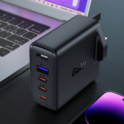 Schnellladegerät GaN UK 100W Power Delivery 3x USB C 1x USB - Schwarz