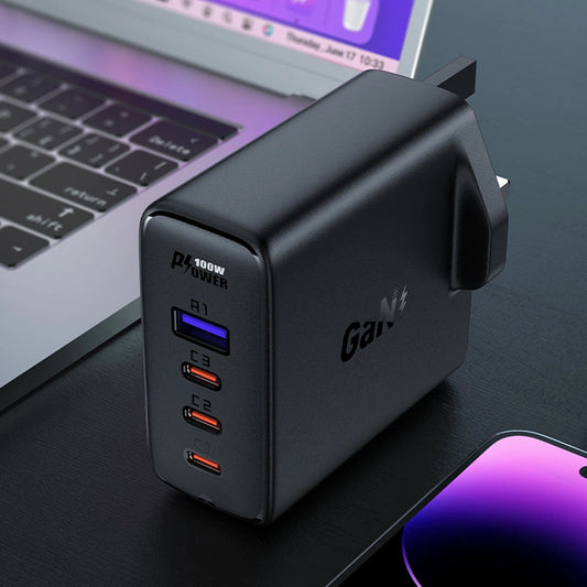 Schnellladegerät GaN UK 100W Power Delivery 3x USB C 1x USB - Schwarz