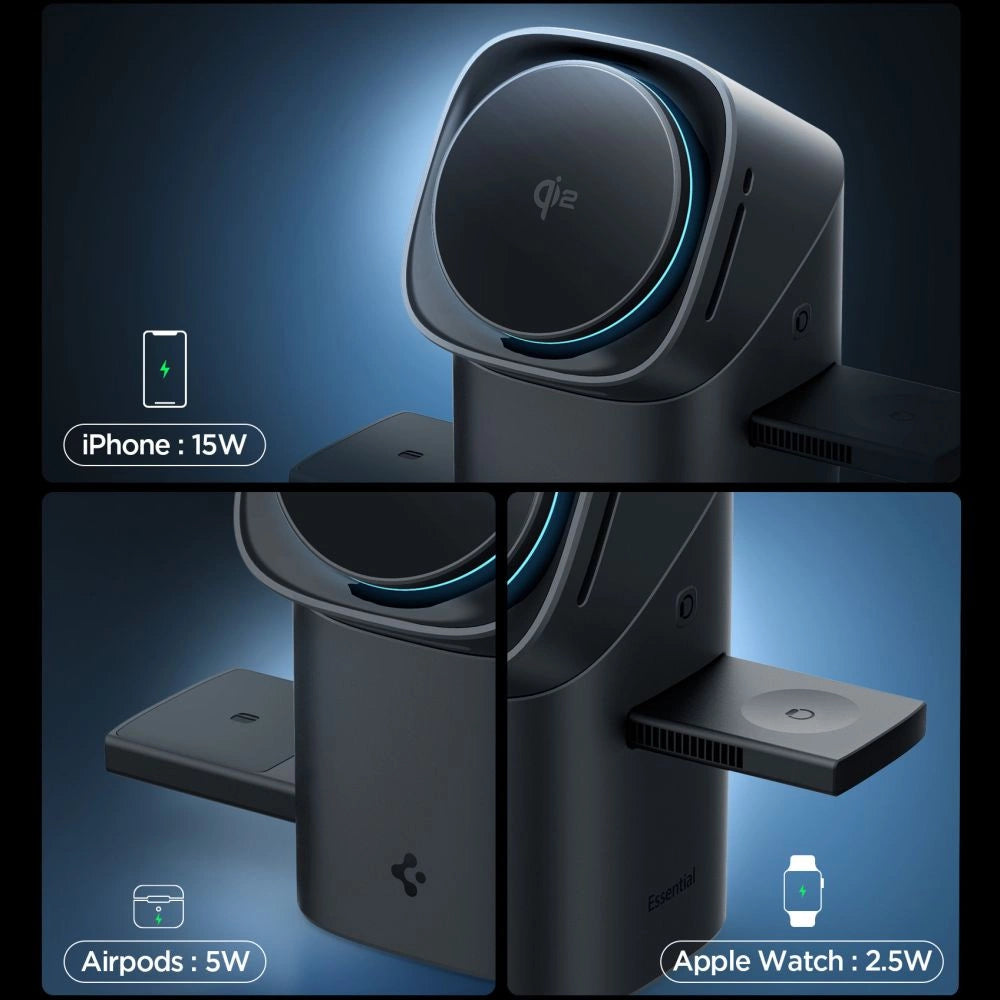 Spigen Essential EF223MS 3-in-1 QI2 Kabelloses Ladegerät - Schwarz