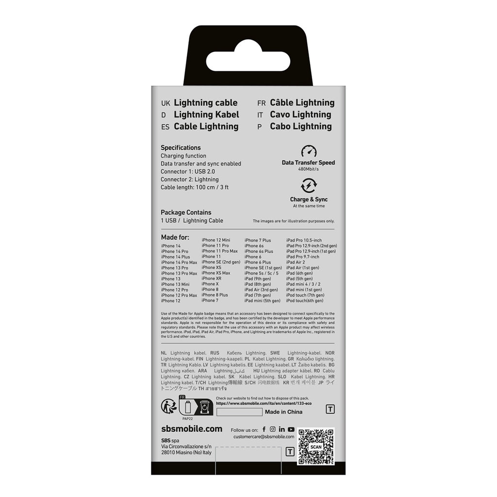 TECABLEUSBIP589K USB-A – Lightning SBS-Kabel 1 m mit MFi-Zertifizierung – Schwarz