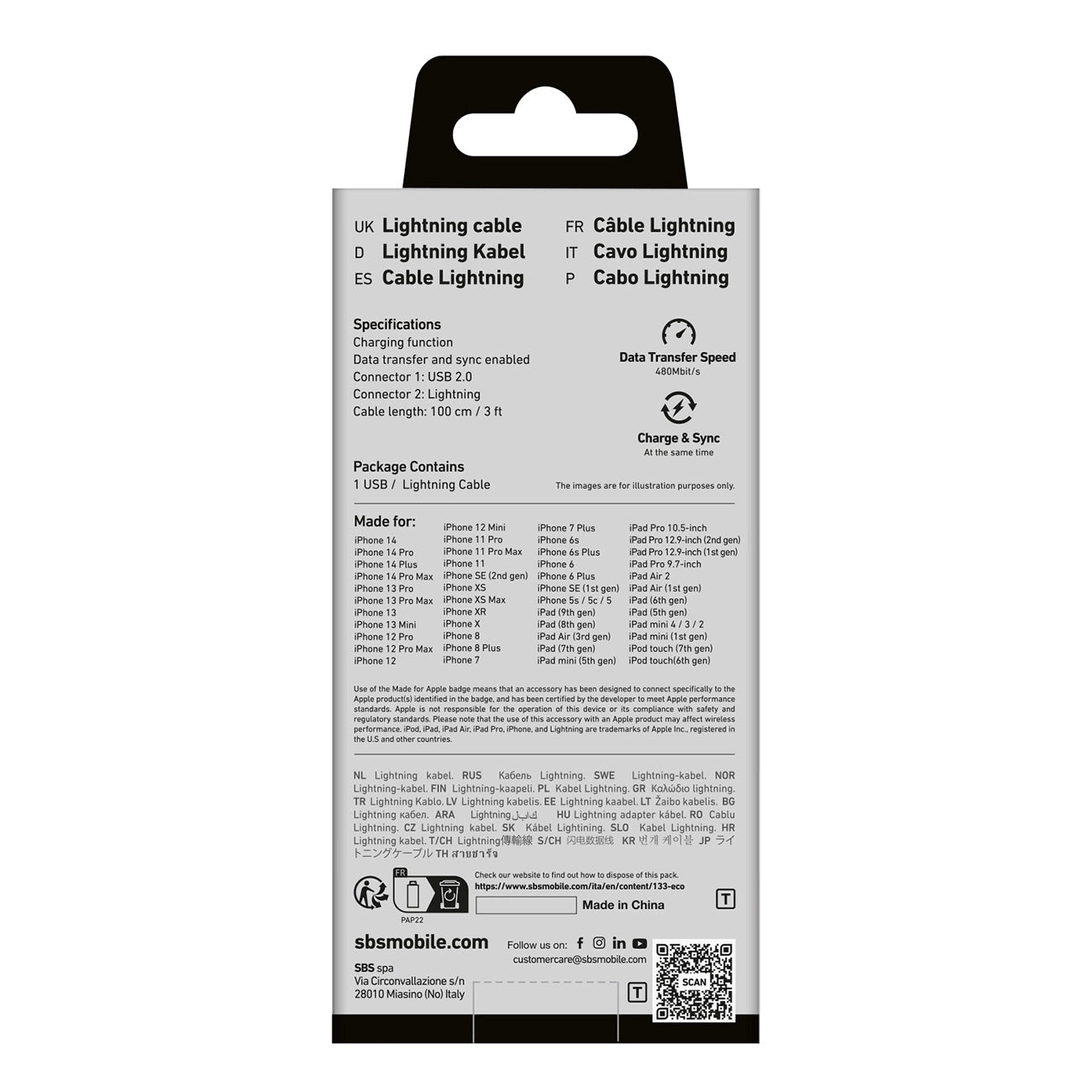 TECABLEUSBIP589K USB-A – Lightning SBS-Kabel 1 m mit MFi-Zertifizierung – Schwarz