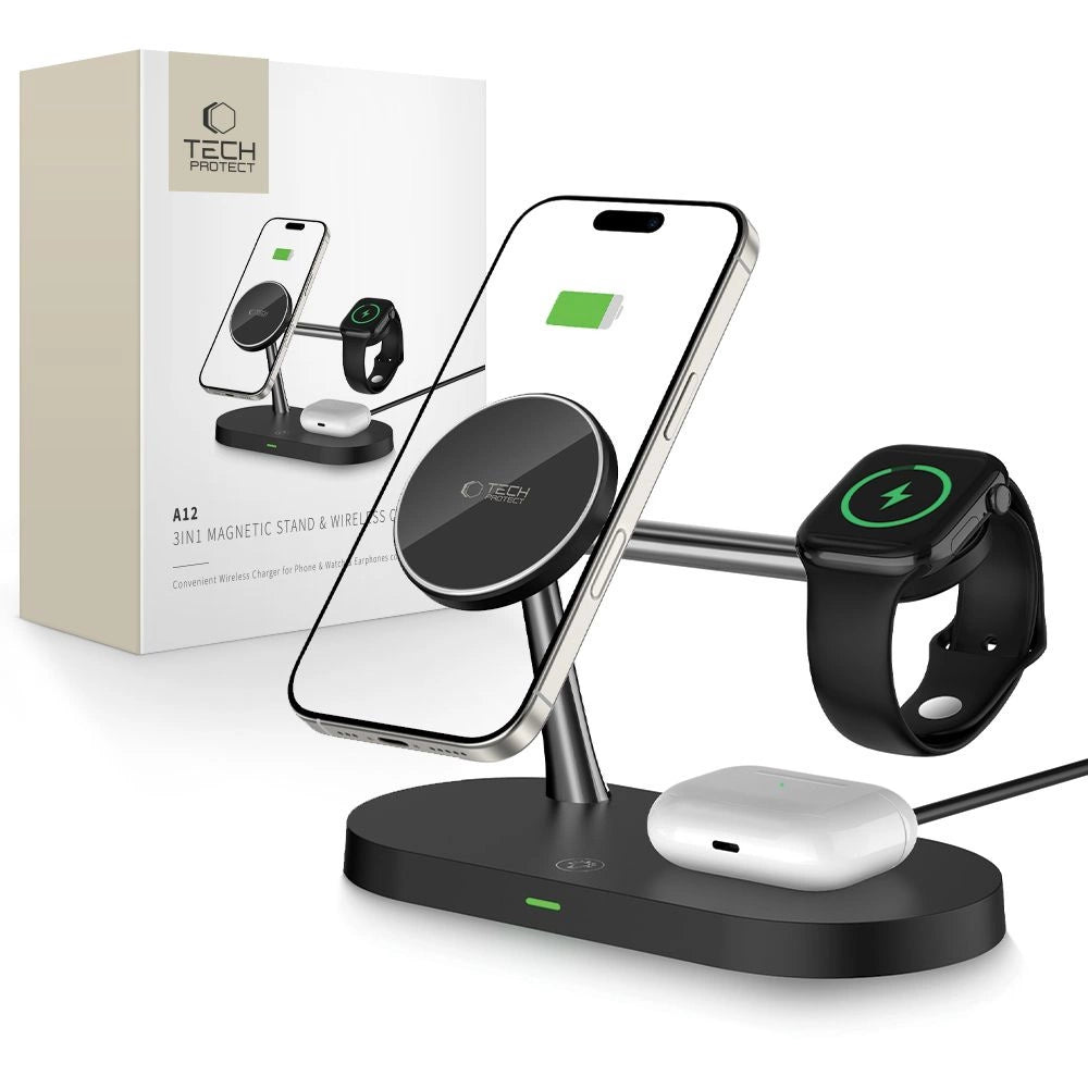 Tech-Protect A12 3in1 MagSafe induktives Ladegerät für Smartphone / Kopfhörer / Smartwatch - Schwarz