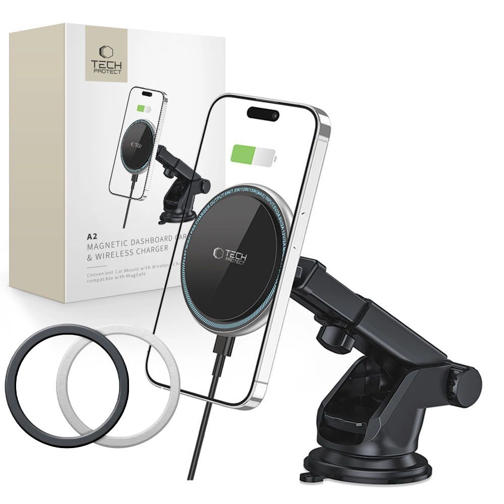 Tech-Protect A2 Autotelefonhalterung mit MagSafe 15W induktivem Ladegerät für das Cockpit – Schwarz