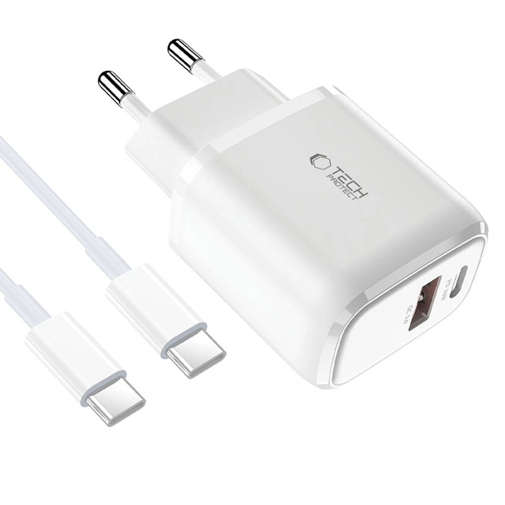Tech-Protect C20W USB-C PD 20W / USB-A QC 3.0 Netzwerkladegerät mit USB-C / USB-C-Kabel – Weiß