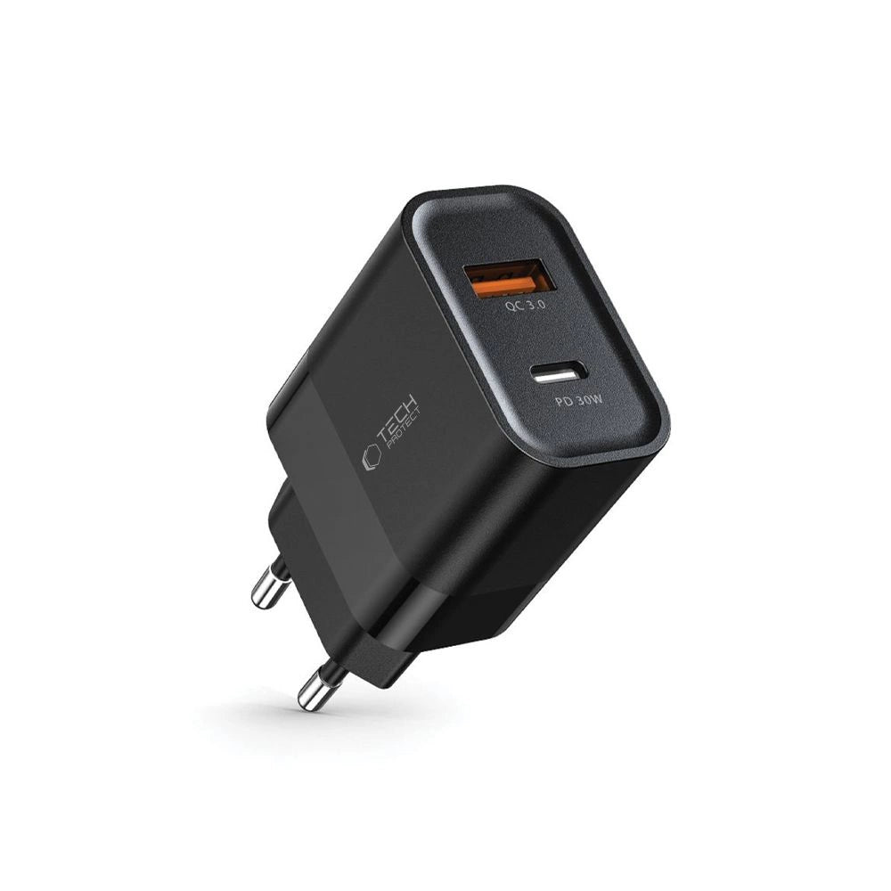 Tech-Protect C30W USB-C PD 30W / USB-A QC 3.0 Netzwerkladegerät – Schwarz