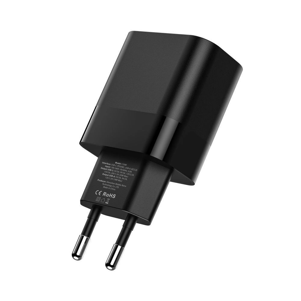 Tech-Protect C30W USB-C PD 30W / USB-A QC 3.0 Netzwerkladegerät – Schwarz