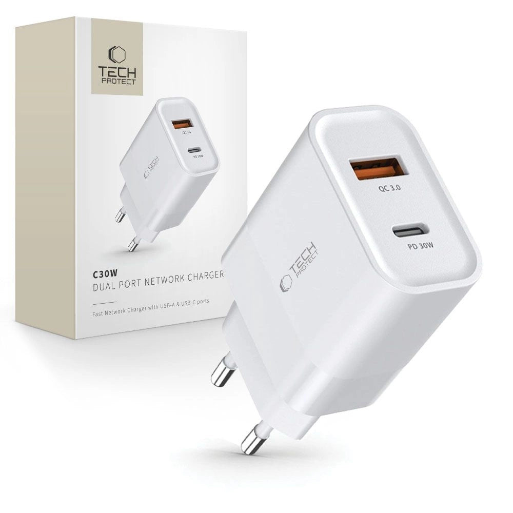 Tech-Protect C30W USB-C PD 30W / USB-A QC 3.0 Netzwerkladegerät – Weiß