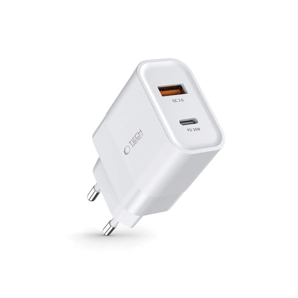 Tech-Protect C30W USB-C PD 30W / USB-A QC 3.0 Netzwerkladegerät – Weiß