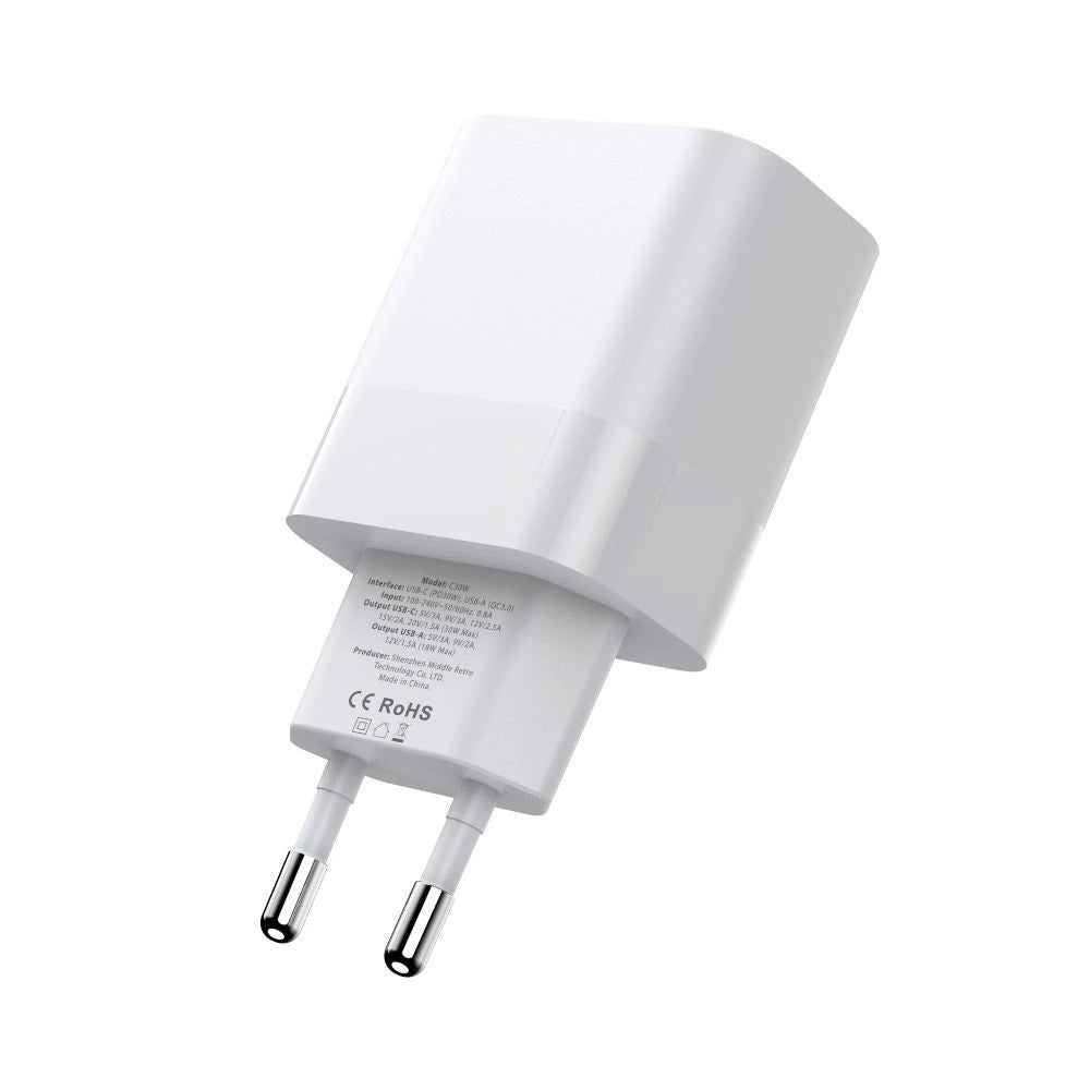 Tech-Protect C30W USB-C PD 30W / USB-A QC 3.0 Netzwerkladegerät – Weiß