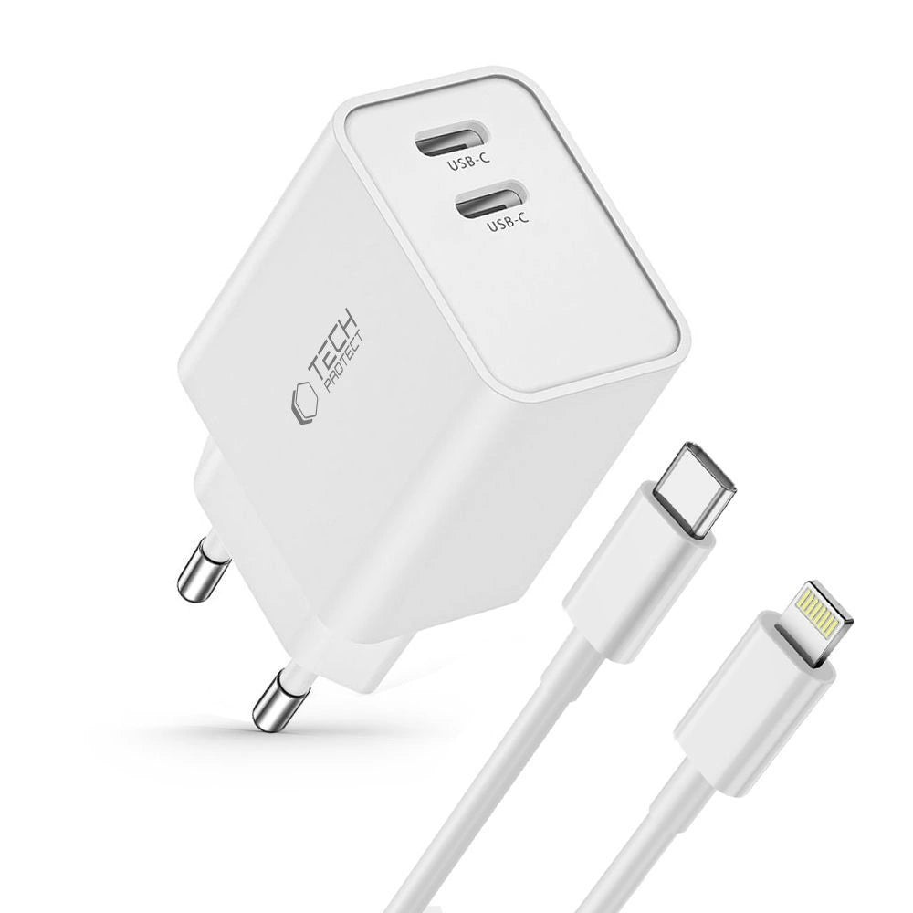 Tech-Protect C35W 2x USB-C PD 35W Netzwerkladegerät mit USB-C/ Lightning Kabel – Weiß