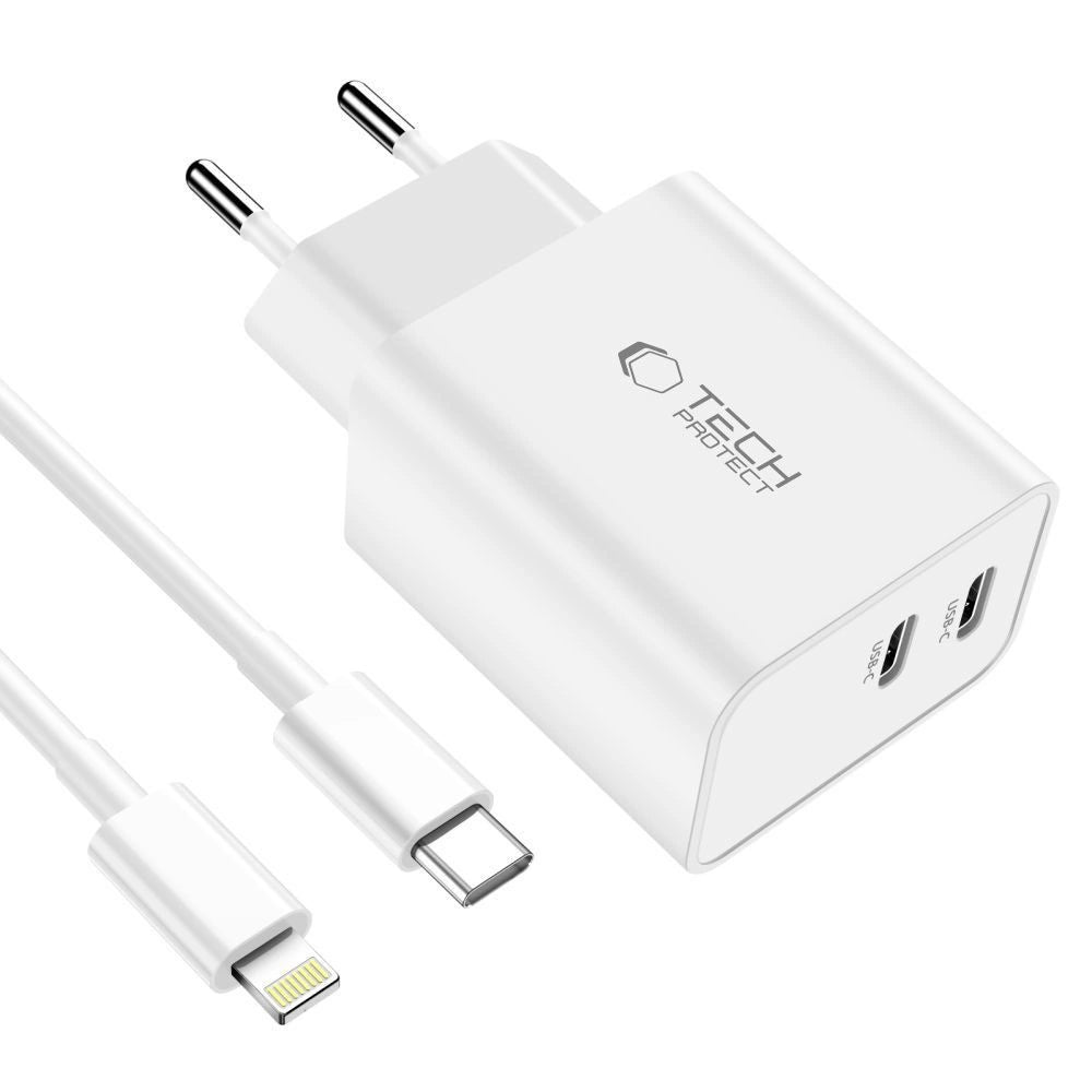 Tech-Protect C35W 2x USB-C PD 35W Netzwerkladegerät mit USB-C/ Lightning Kabel – Weiß