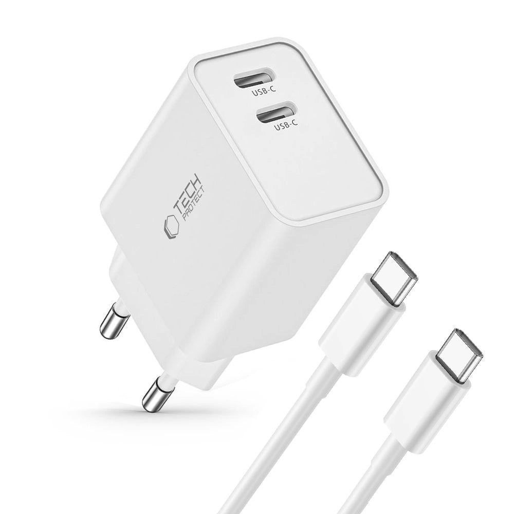 Tech-Protect C35W 2x USB-C PD 35W Netzwerkladegerät mit USB-C/USB-C-Kabel – Weiß
