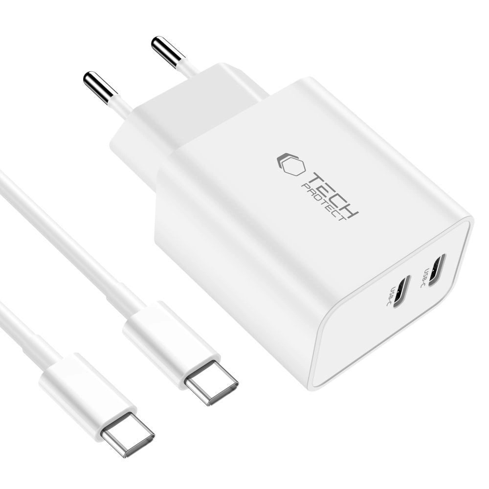 Tech-Protect C35W 2x USB-C PD 35W Netzwerkladegerät mit USB-C/USB-C-Kabel – Weiß