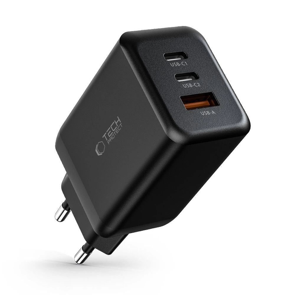 Tech-Protect C65W Netzwerkladegerät 2x USB-C PD 65W / USB-A QC 3.0 - Schwarz
