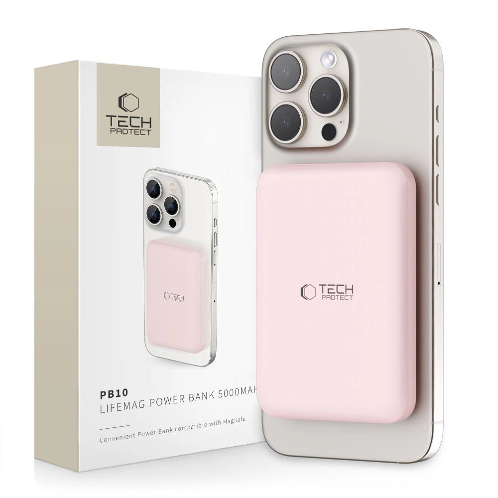 Tech-Protect LifeMag PB10 Powerbank mit MagSafe 5000 mAh 15 W USB-C-Anschluss – Rosa + USB-C-Kabel