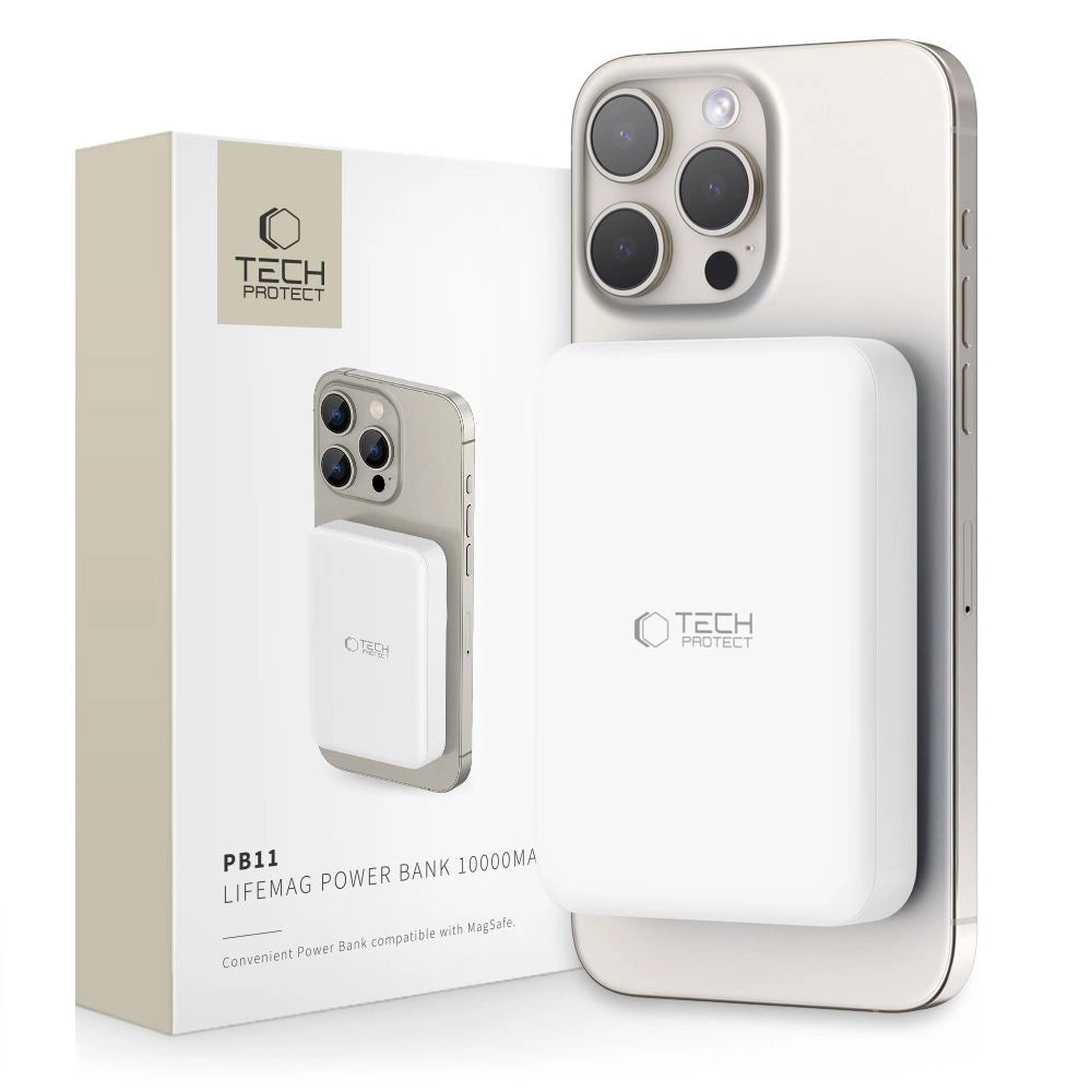 Tech-Protect LifeMag PB11 Powerbank mit MagSafe 10000 mAh 15 W USB-C-Anschluss – weiß + USB-C-Kabel
