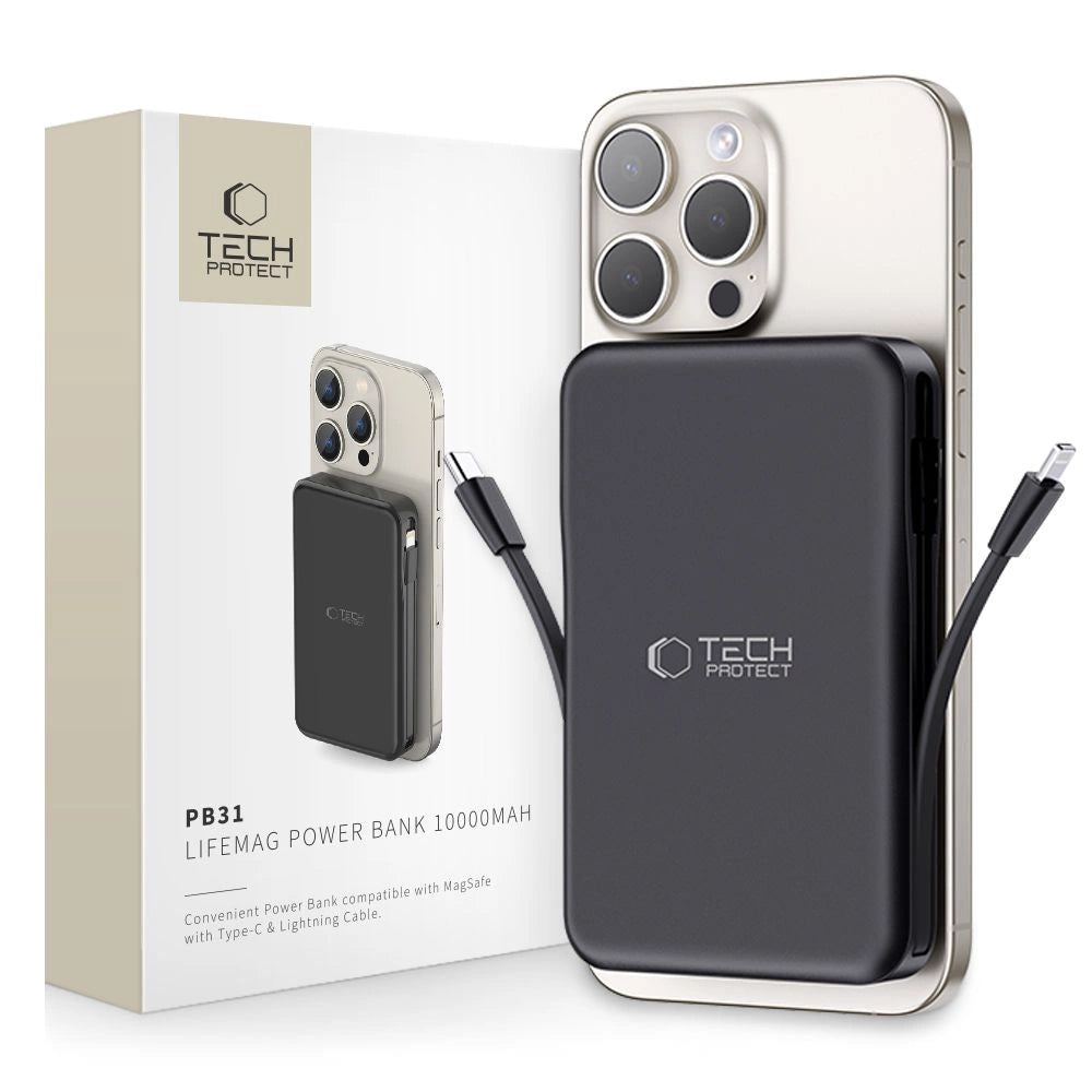 Tech-Protect LifeMag PB31 Powerbank mit MagSafe 10000 mAh 15 W USB-C/USB-A/integriertes USB-C/ Lightning Kabel – Schwarz