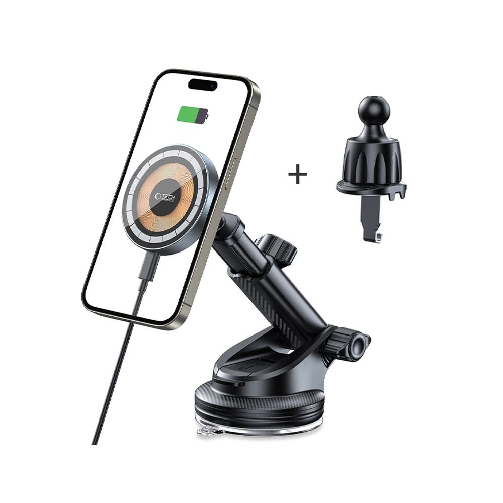 Tech-Protect MM15W MagSafe-Autohalterung mit 15-W-Induktionsladegerät für Lüftungsschlitze und Armaturenbrett – Schwarz