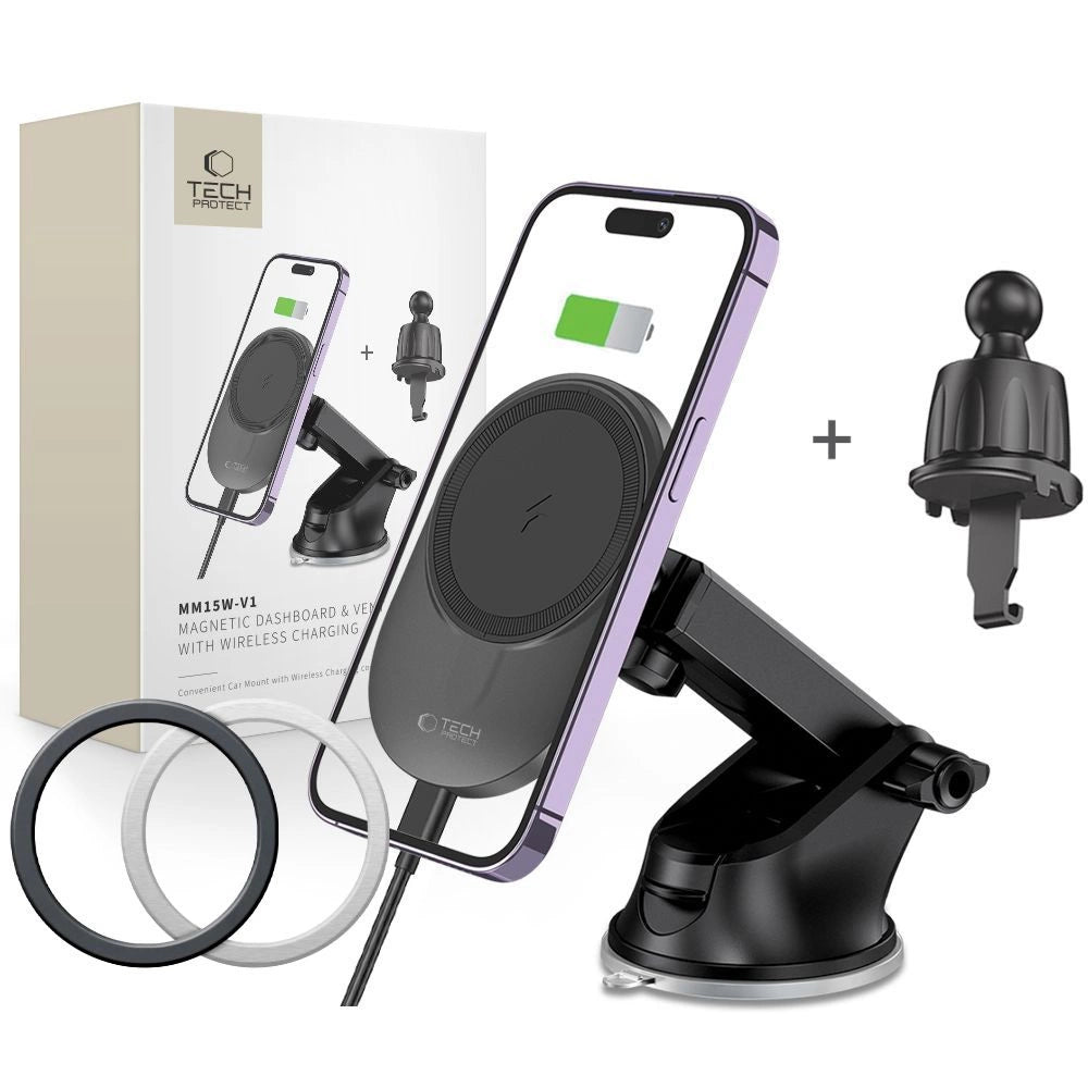 Tech-Protect MM15W-V1 Autotelefonhalter mit MagSafe 15W induktivem Ladegerät für Cockpit / Lüftungsschlitze – Schwarz