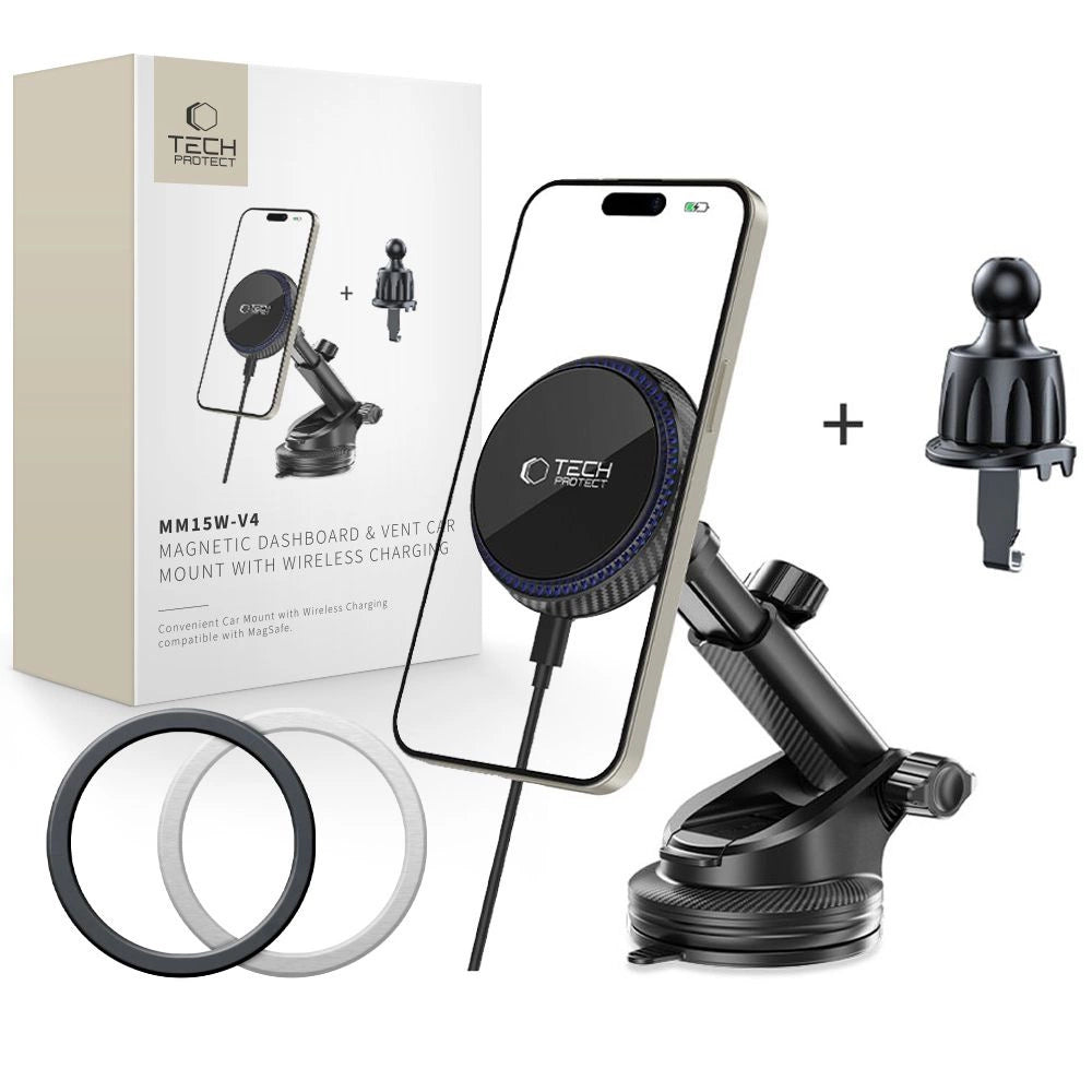 Tech-Protect MM15W-V4 Magnetische MagSafe 15W Autohalterung für Cockpit / Windschutzscheibe / Lüftungsschlitz - Schwarz