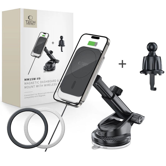 Tech-Protect MM15W-V9 Autohalterung mit MagSafe für Armaturenbrett und Lüftungsschlitze, 15 W, Schwarz