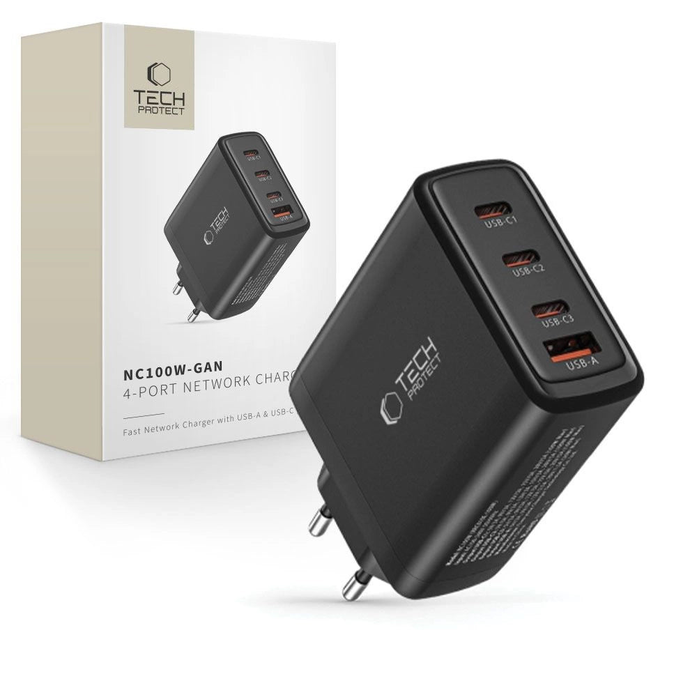 Tech-Protect NC100W-GAN GaN-Netzwerkladegerät 3x USB-C PD 100W / USB-A QC 3.0 - Schwarz