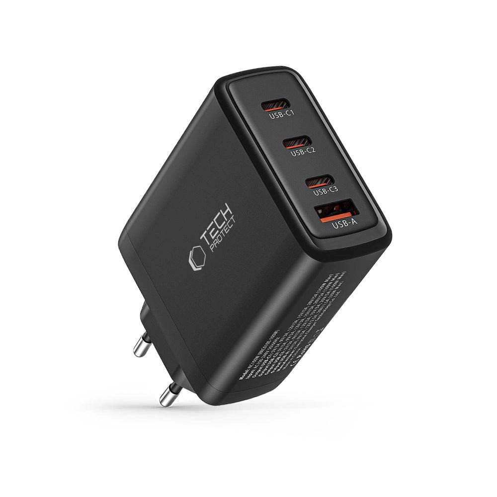 Tech-Protect NC100W-GAN GaN-Netzwerkladegerät 3x USB-C PD 100W / USB-A QC 3.0 - Schwarz