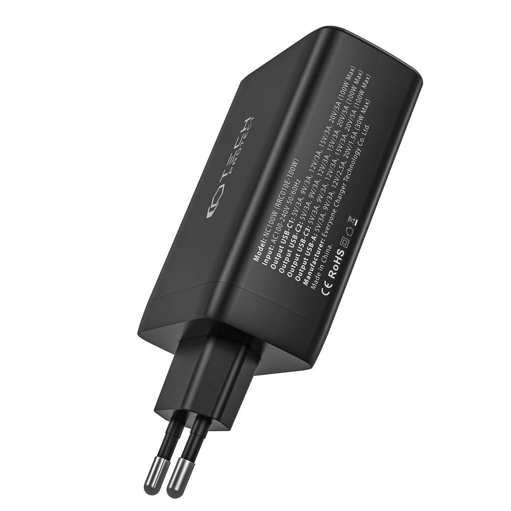 Tech-Protect NC100W-GAN GaN-Netzwerkladegerät 3x USB-C PD 100W / USB-A QC 3.0 - Schwarz